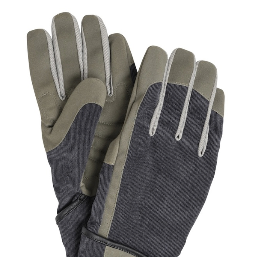 A pair of Burgon & Ball work gloves in a color-blocked design of dark grey, featuring light grey reflective striping on the fingers and palms, shown against a plain white background.
