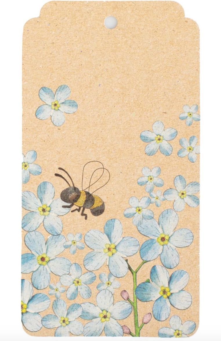 Card with a bee and forget-me-not flowers on a beige background