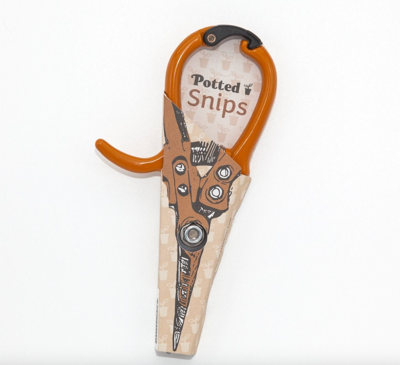 Pair of garden shears with 'Potted Snips' branding on a white background