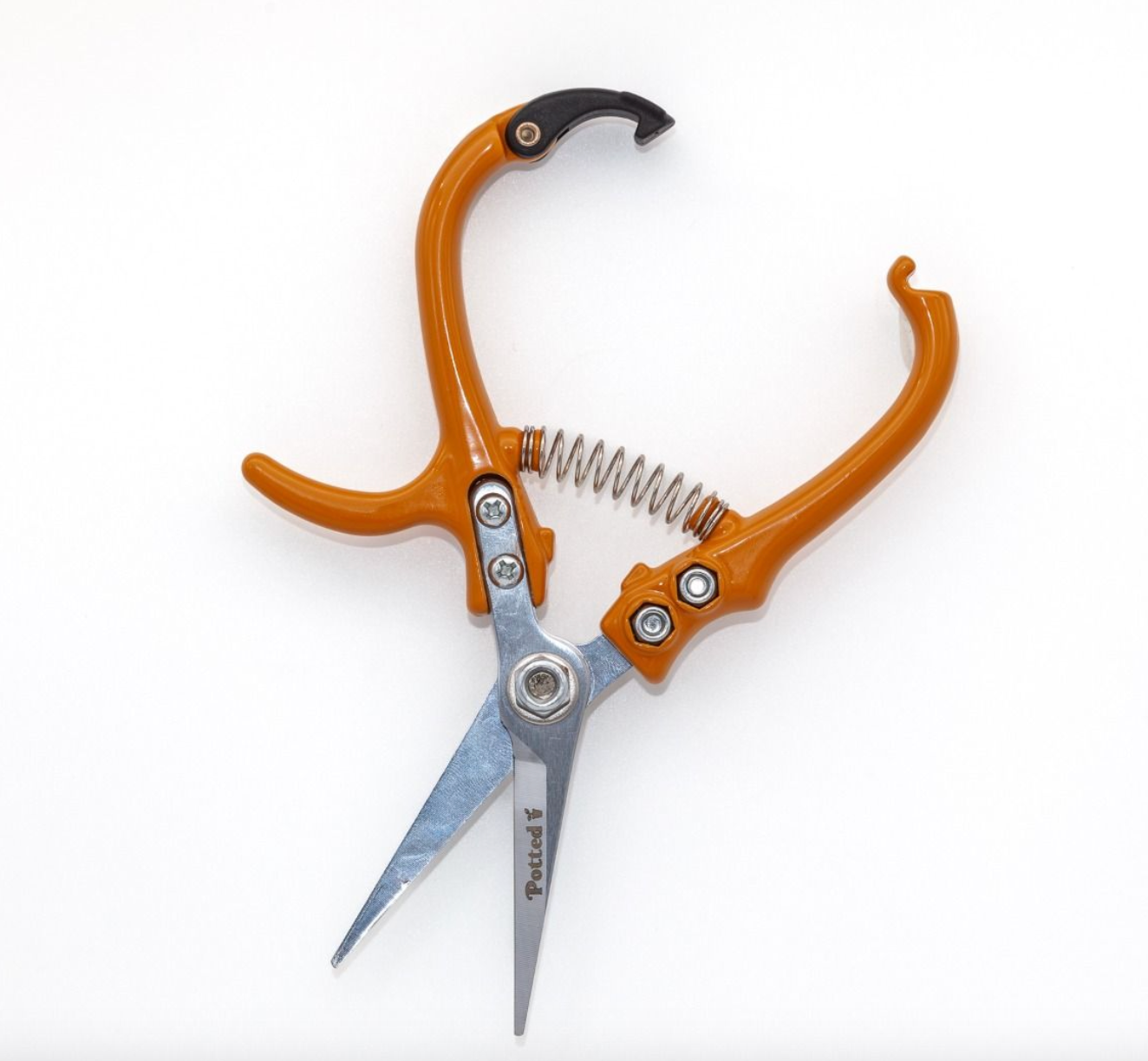 Gardening shears with orange handles on a white background