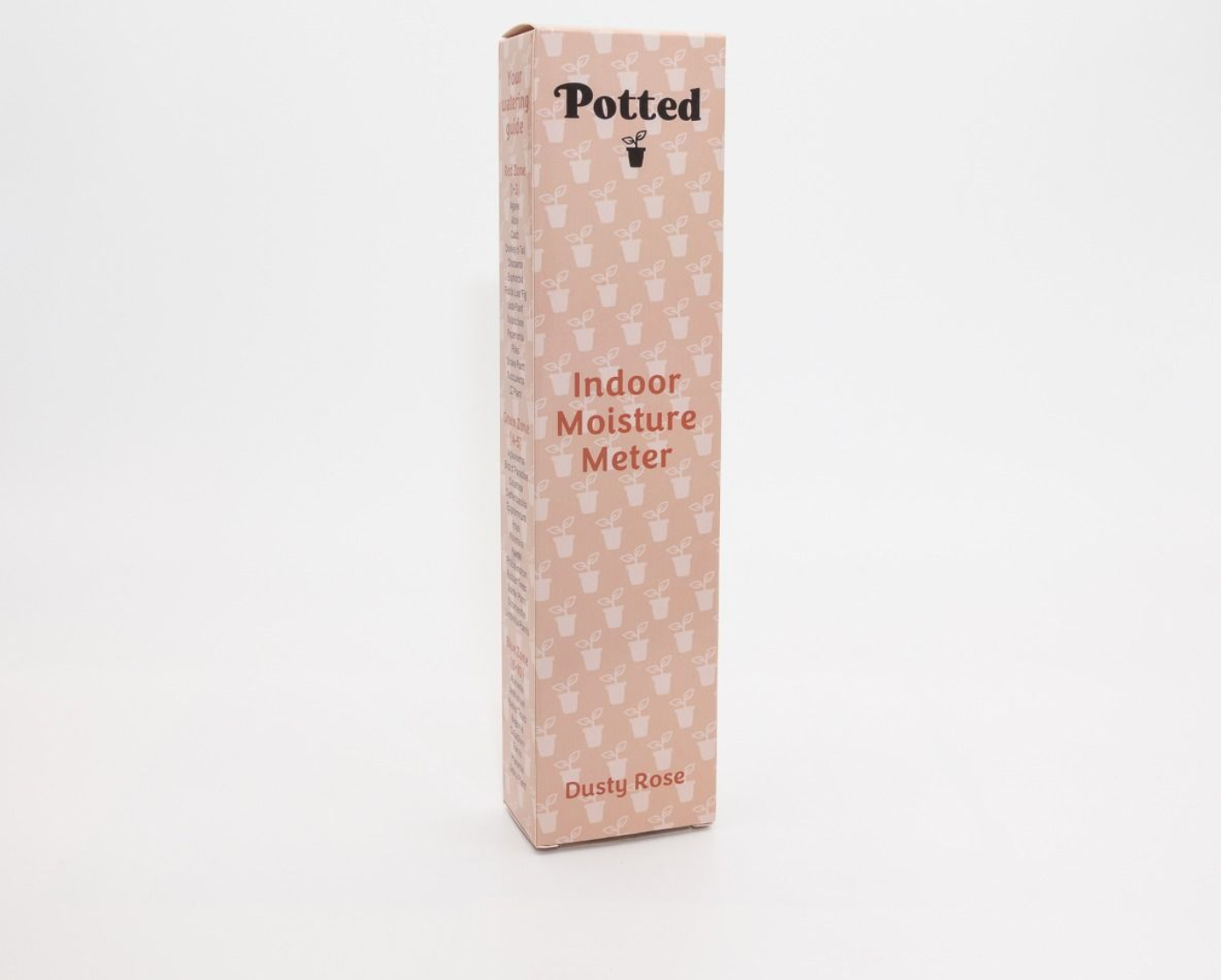 Potted indoor moisture meter packaging with 'Dusty Rose' color on a white background