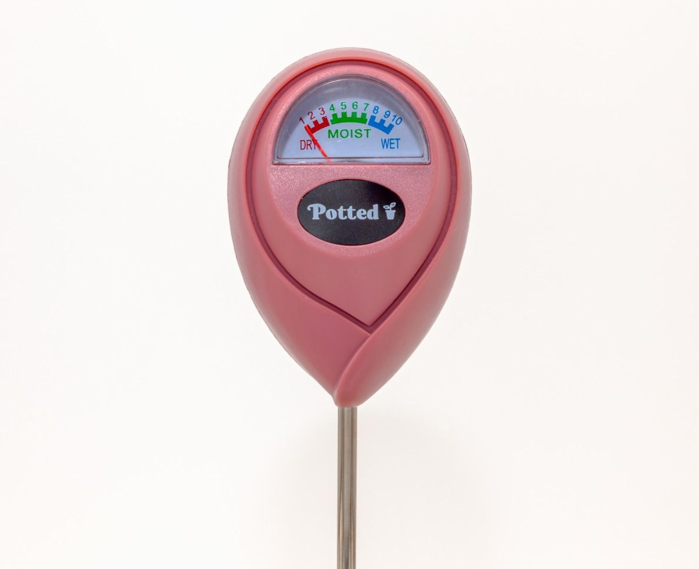 Pink soil moisture meter with 'Potted' branding on a white background