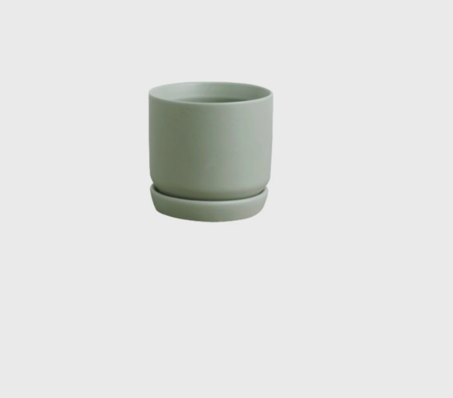 Green ceramic pot on a white background