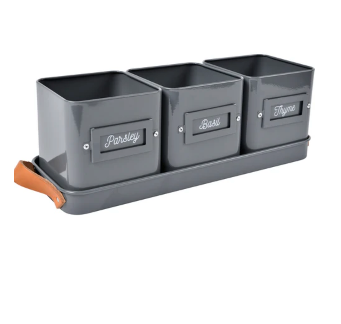 Gray herb container set with labels for parsley, basil, and thyme on a white background