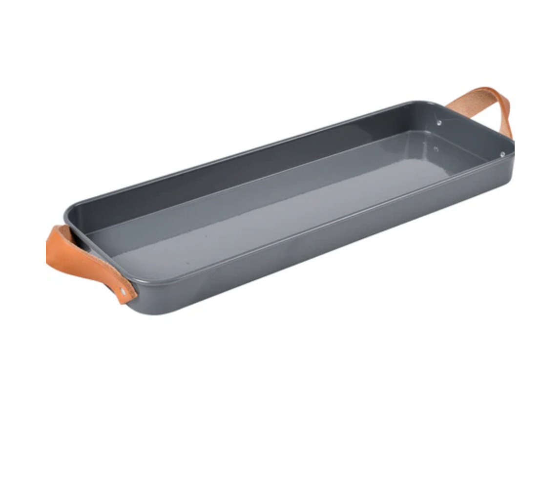 Gray tray with brown handles on a white background