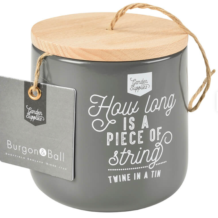 Gray container with wooden lid and string, featuring Burgon & Ball branding.