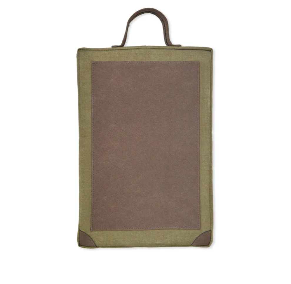 Green and brown rectangular garden kneeler cushion with a handle on a white background
