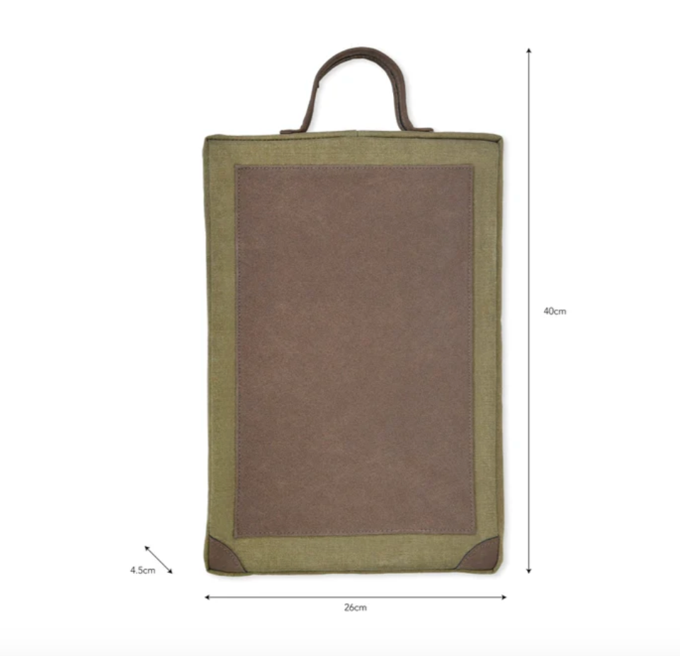 Green and brown rectangular garden cushion kneeler with measurements on a white background