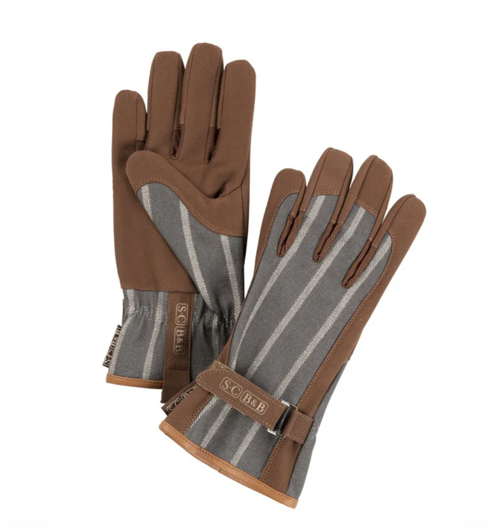 Pair of brown and gray gloves with a visible brand logo on a white background