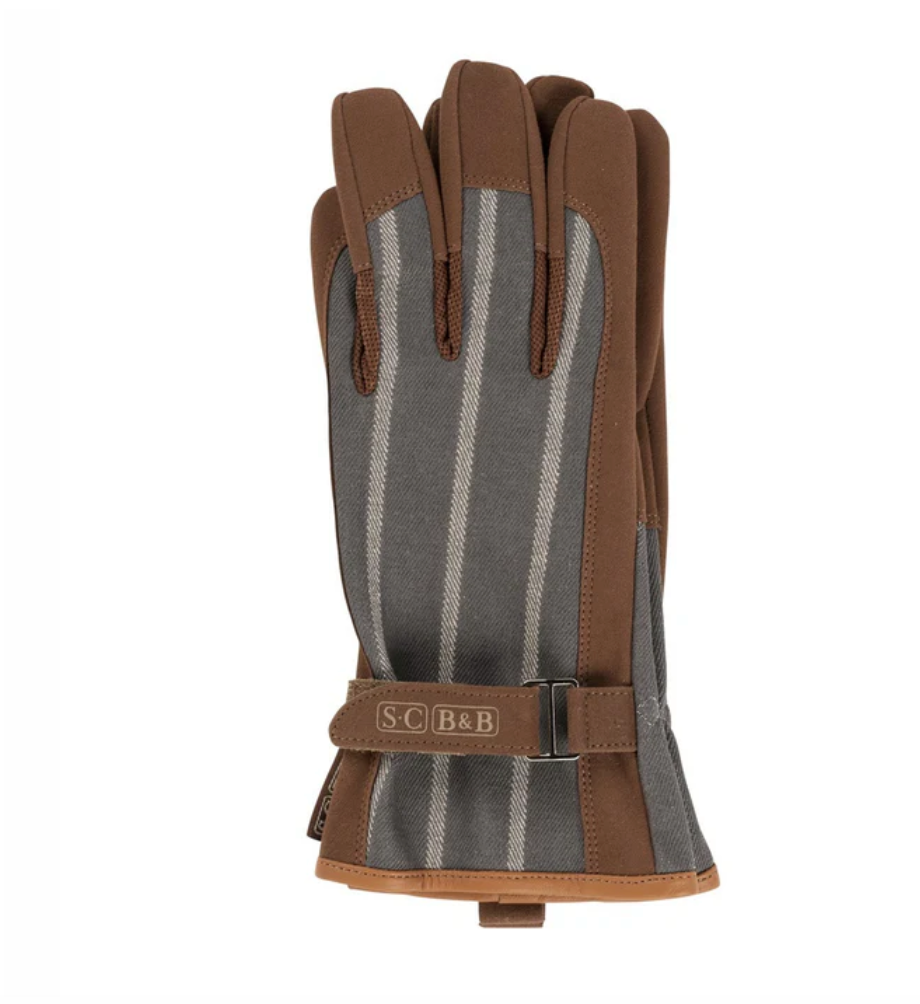 Brown and gray glove with 'S.C. & B.B.' branding on a white background