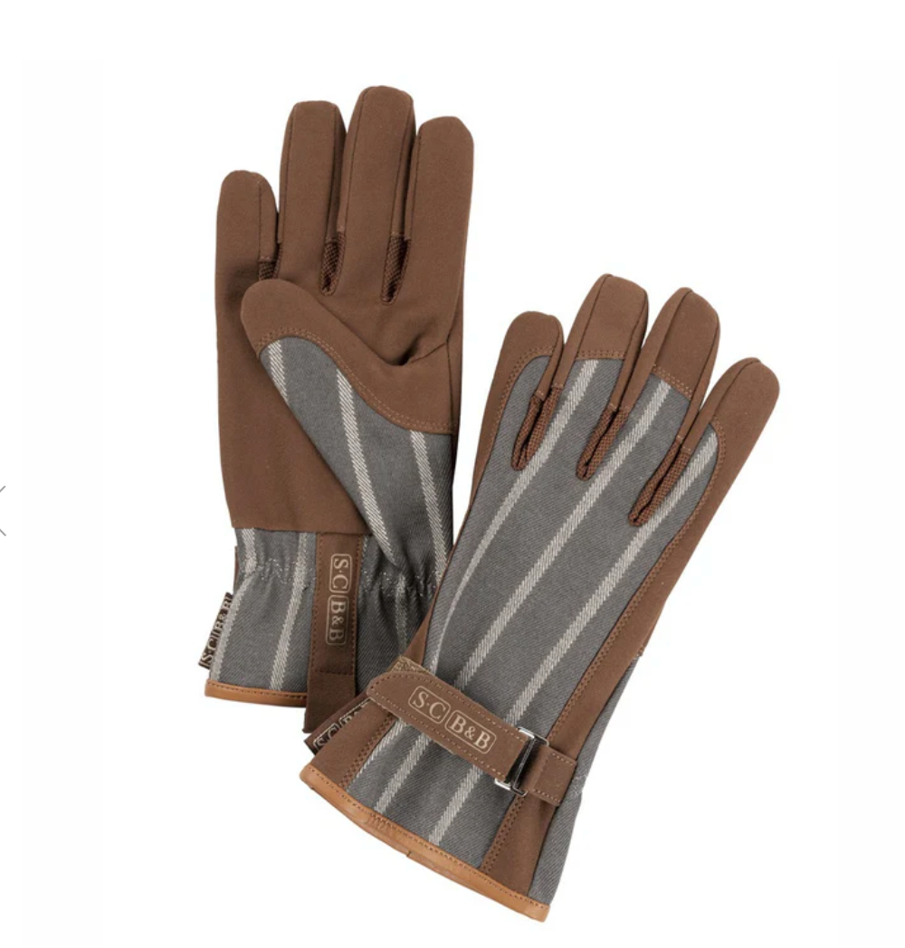 Pair of brown and gray gloves with a visible brand logo on a white background