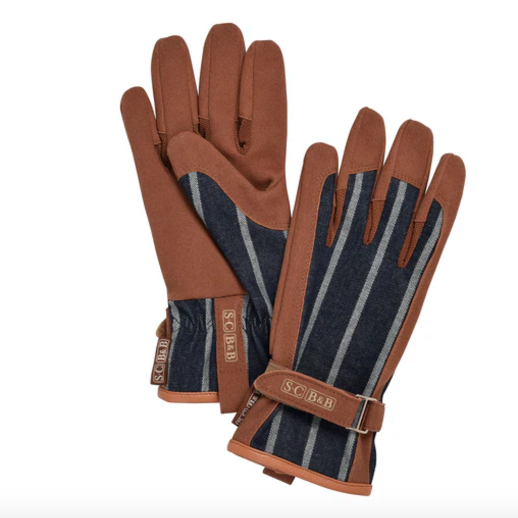 Pair of brown and navy striped gloves on a white background