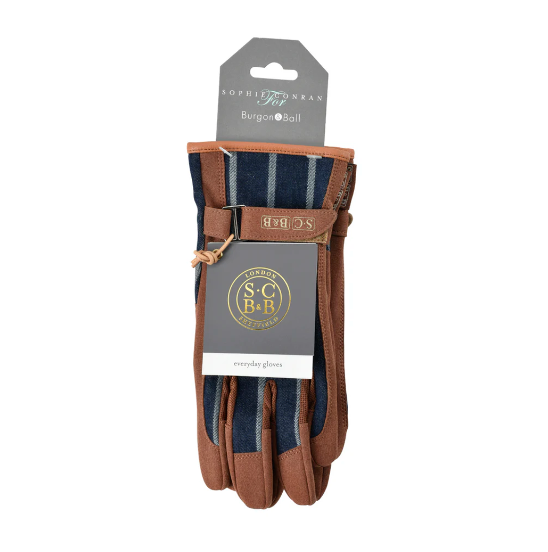 Pair of brown and blue striped gloves with a visible brand label on a white background