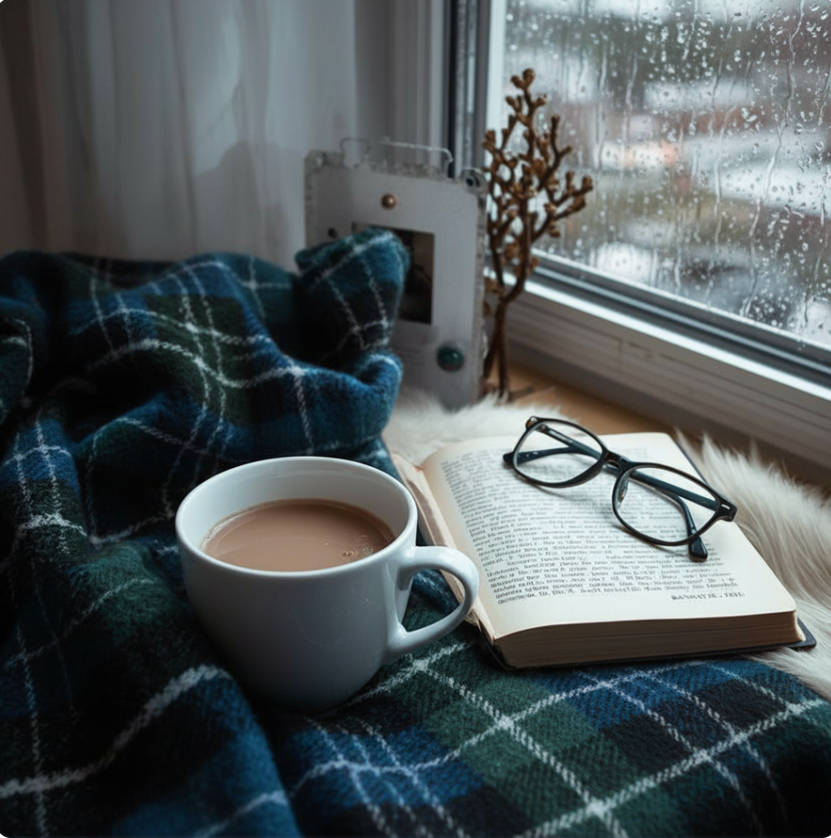 a blue and green tartan blanket with a book, reading glasses and a cup of tea at a window with rain in the background.