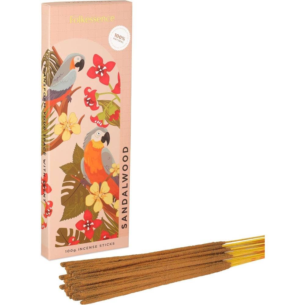 Sandalwood incense sticks shown with their illustrated pink packaging box, featuring parrots and tropical flowers, on a plain white background.