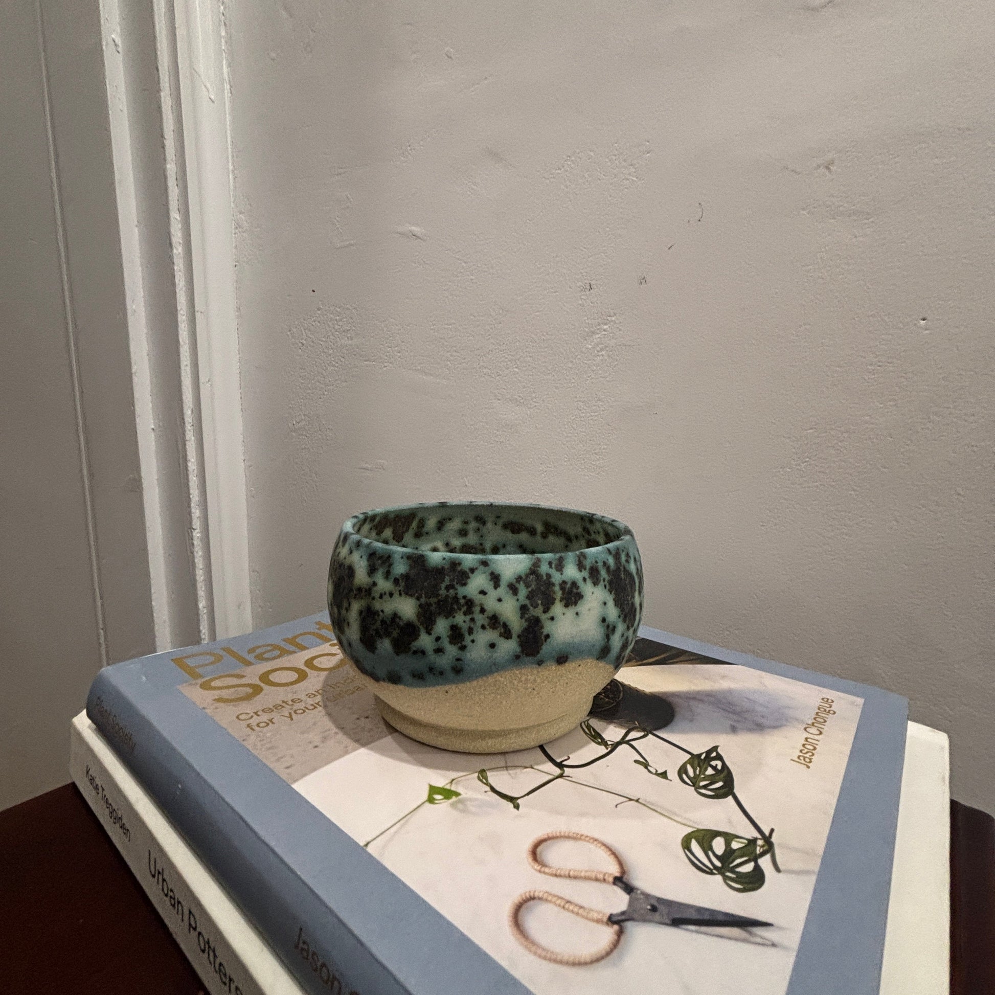 A handmade ceramic bowl with a speckled teal and cream 'moonscape' glaze sits on top of two stacked books against a textured off-white wall.