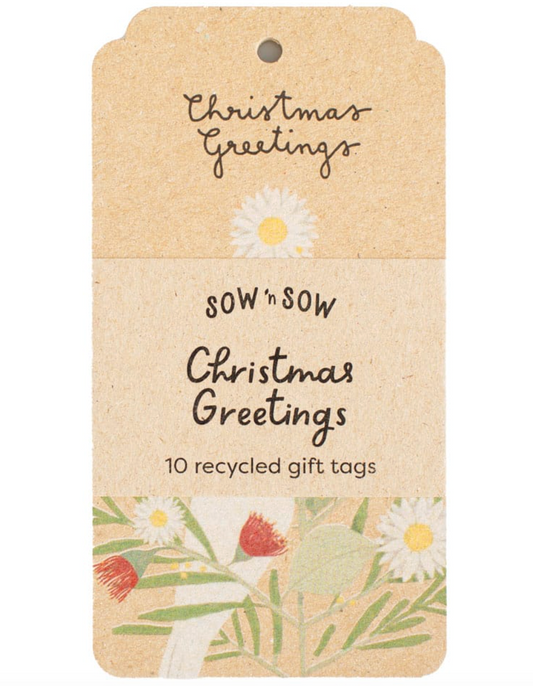 Recycled gift tag with floral design and 'Christmas Greetings' text on a beige background