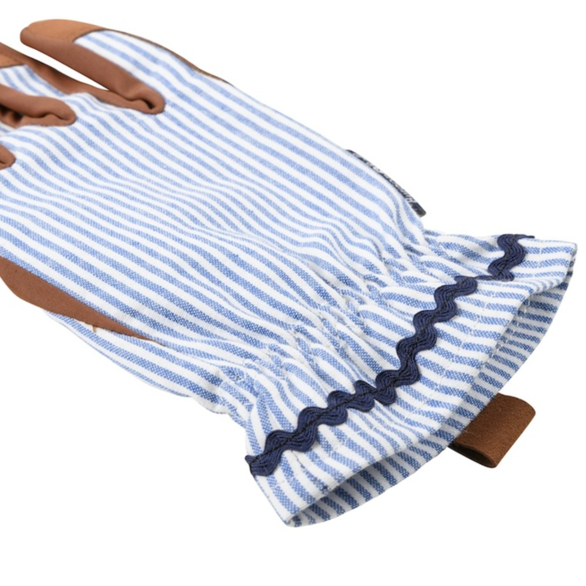 A single work glove with a blue and white striped fabric body, brown leather palm and finger sections, and a navy blue scalloped trim at the cuff, shown on a white background.