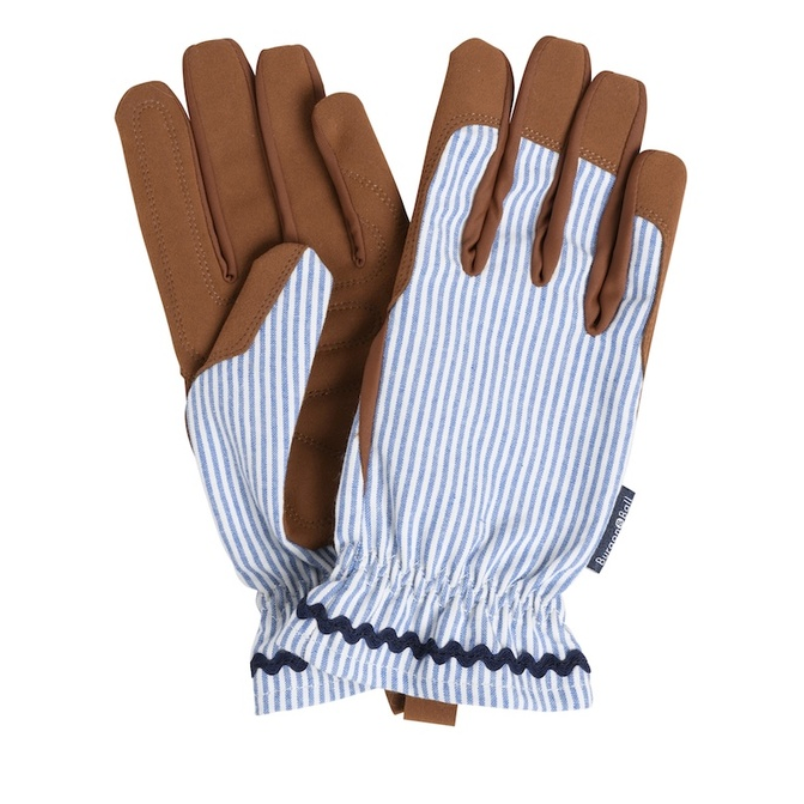 A pair of work gloves with brown palms and fingers, and blue and white striped backs, featuring an elasticized wrist with a navy blue zigzag trim.