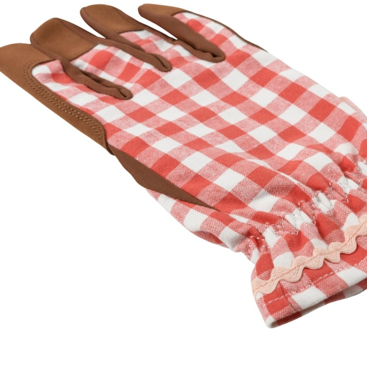 Red and white checkered gloves with brown accents on a white background