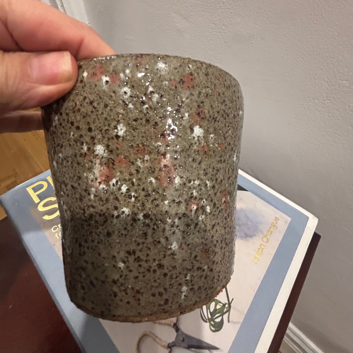 A hand holding a handmade ceramic cup with a speckled brown, gray, and white glaze, resting on a book in an indoor setting.