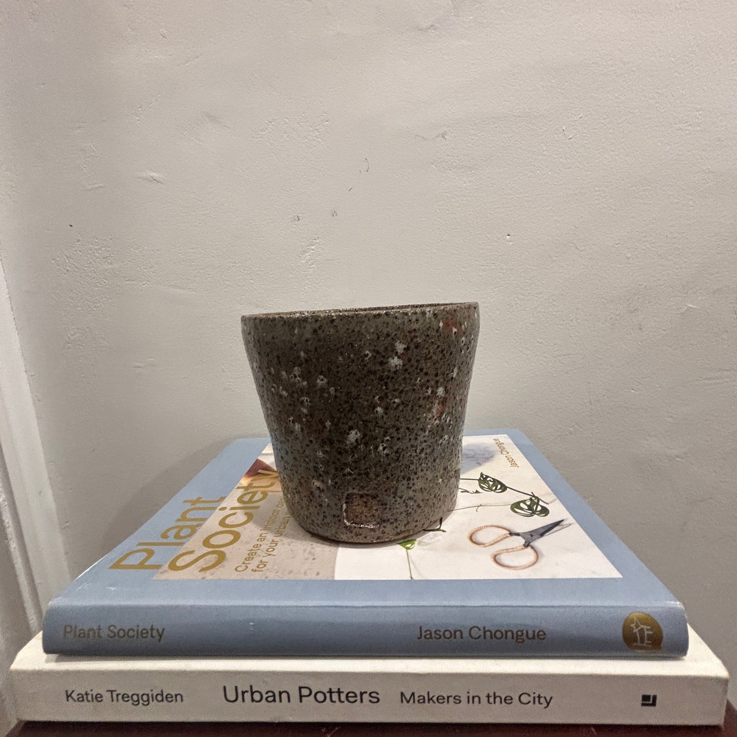 A speckled dark gray ceramic planter pot sits on top of two books, one light blue Plant Society book and one white Urban Potters book, against a textured off-white wall.