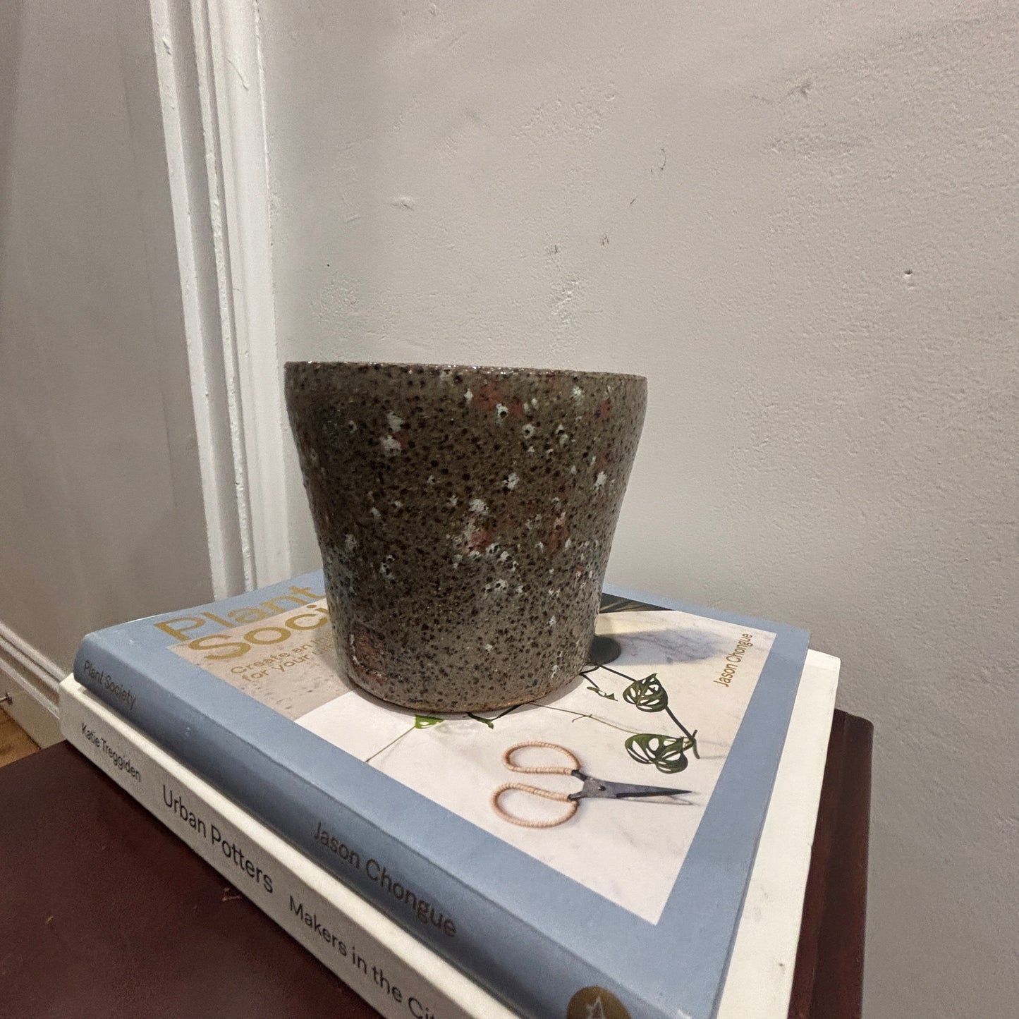 A handmade speckled ceramic planter pot in brown, black, and white sits on top of two books on a dark wooden table against a white wall.