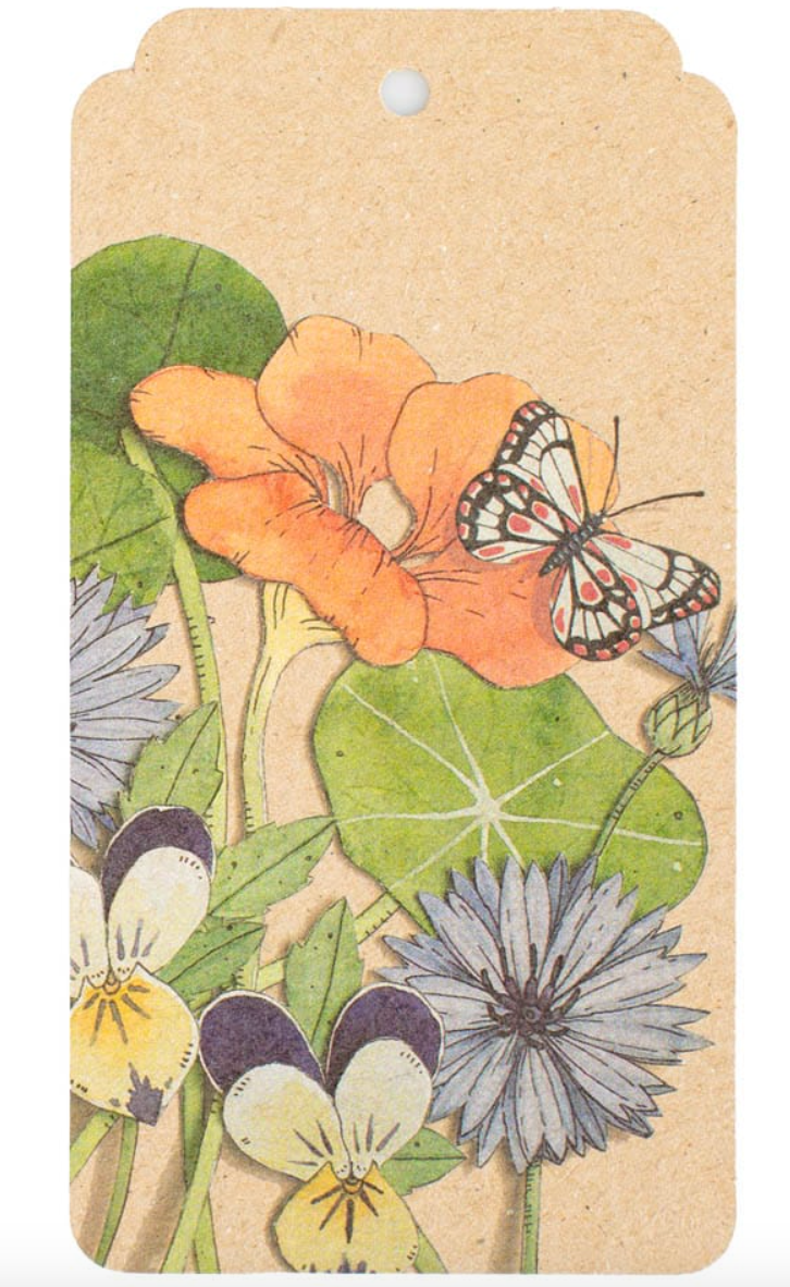 Decorative tag with floral design featuring orange flowers, green leaves, and a butterfly on a beige background.