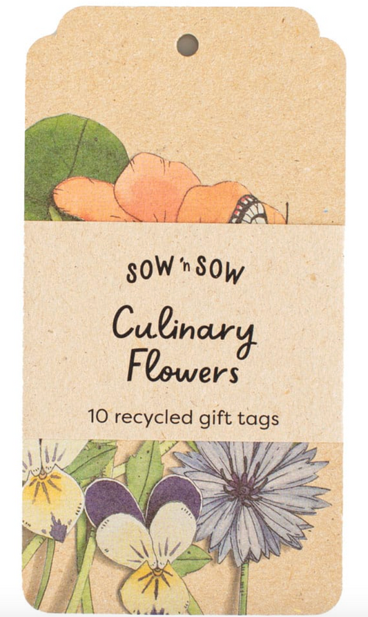 Recycled gift tags with floral designs and text on a beige background