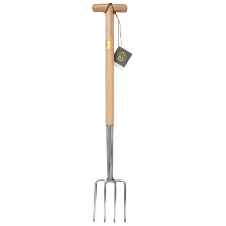 Gardening fork with wooden handle and metal prongs on a white background