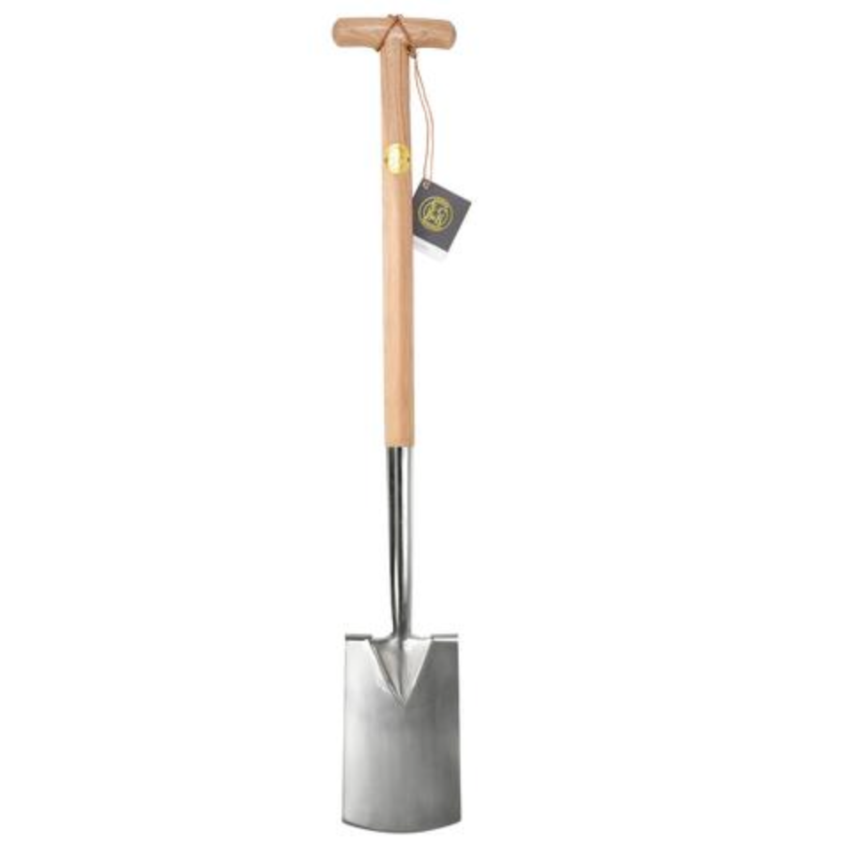 Gardening shovel with wooden handle on a white background