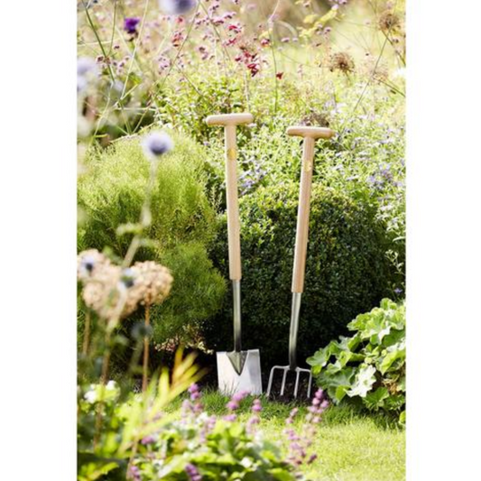 Two garden shovels leaning against a bush in a garden setting with flowers and plants.