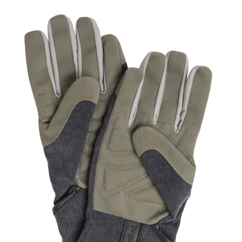 A pair of winter gloves in dark grey, featuring a textured knit palm and finger sections, shown on a plain white background.