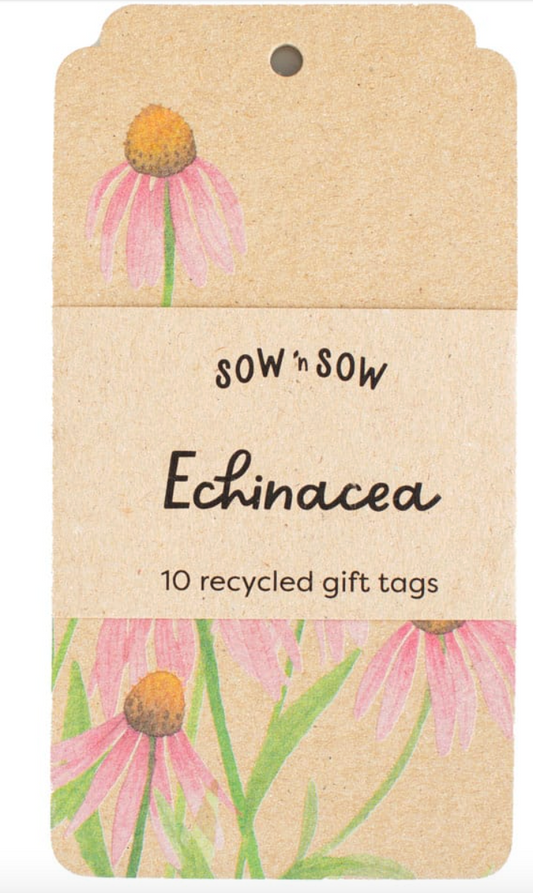Recycled gift tag with Echinacea design and 'Sow'n Sow' branding.