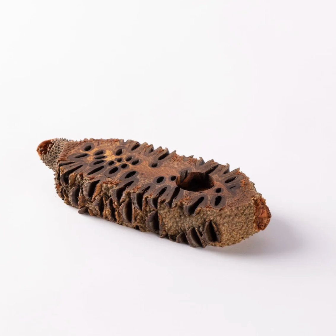 A small carved wooden object with a rough, textured surface and multiple cutout holes, photographed on a plain white background.