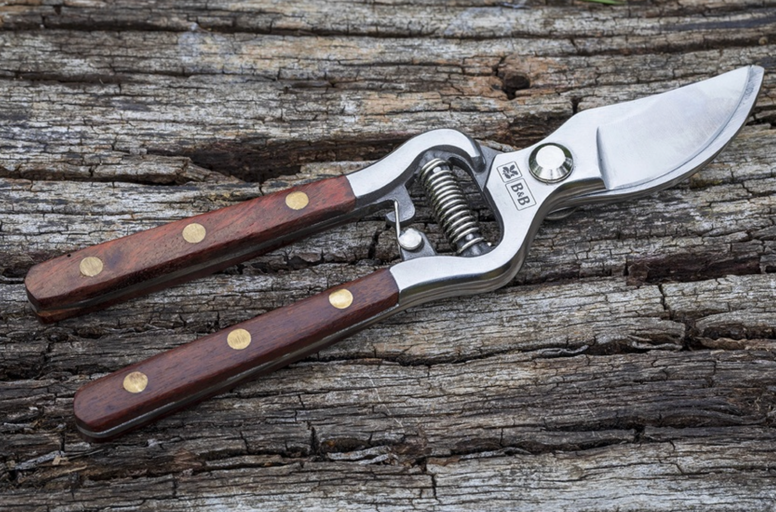 Pruning shears with wooden handles on a wooden surface