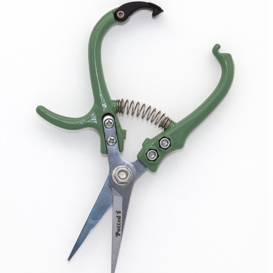 Gardening shears with green handles on a white background