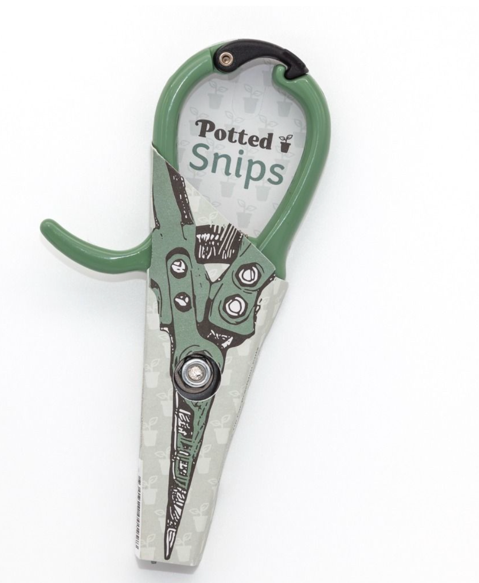 Green gardening shears with 'Potted Snips' branding on a white background