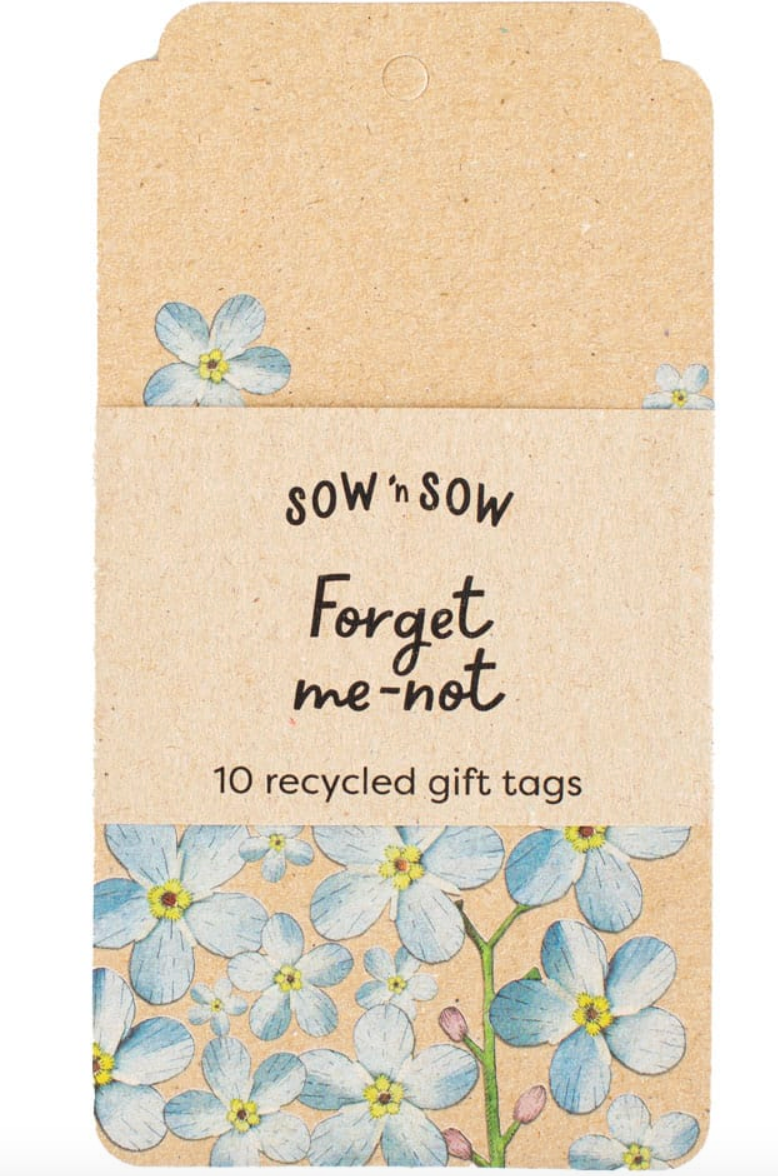 Recycled gift tags with forget-me-not flowers and 'sow n sow' branding.