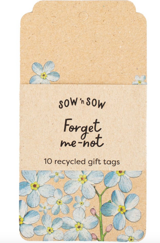 Recycled gift tags with forget-me-not flowers and 'sow n sow' branding.