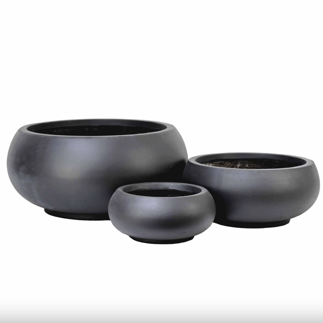 Three black bowl pots of varying sizes on a white background