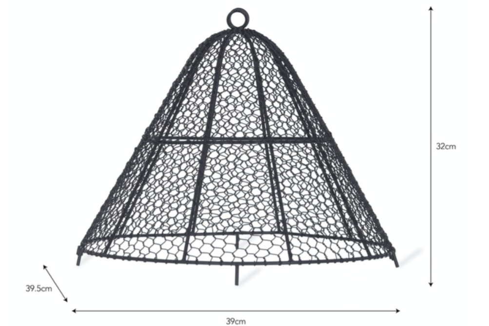 Black wire mesh cage with dimensions on a white background