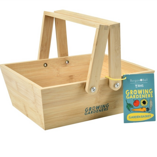 Wooden gardening caddy with 'Growing Gardeners' branding on a white background