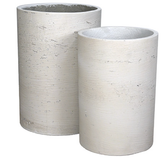 Two cylindrical concrete planters on a white background