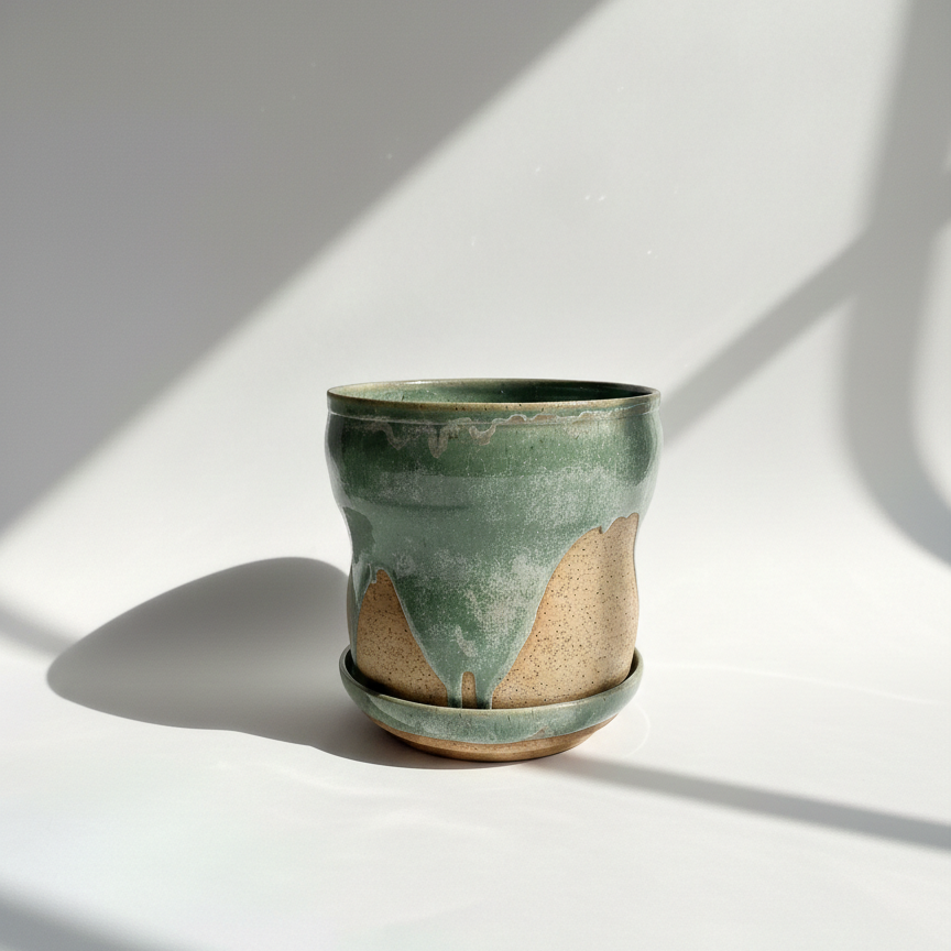 Green ceramic planter on a white surface with shadows