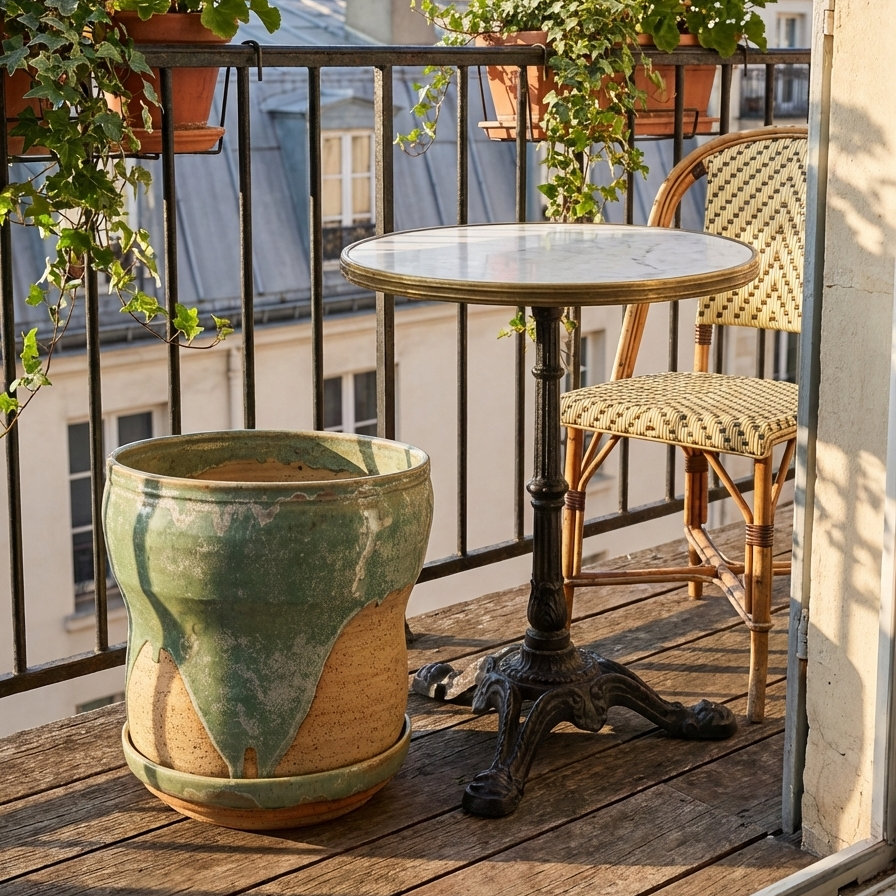 Balcony with table, chairs, and potted plants on a sunny day.
