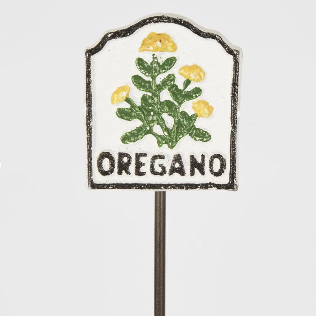 Decorative garden sign with oregano plant illustration on a white background