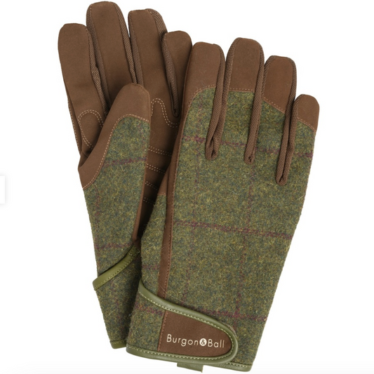 Pair of green and brown gloves with 'Burgon & Ball' branding on a white background