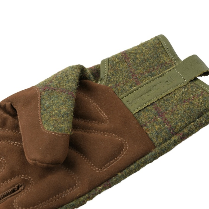 Brown and green glove with plaid pattern on a white background