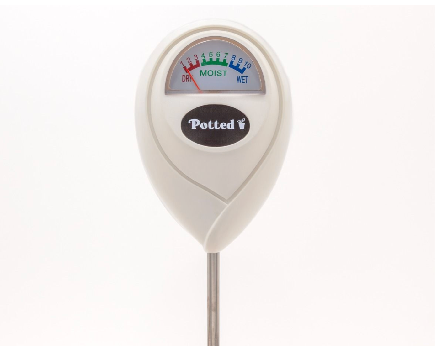 White soil moisture meter with 'Potted' branding on a white background